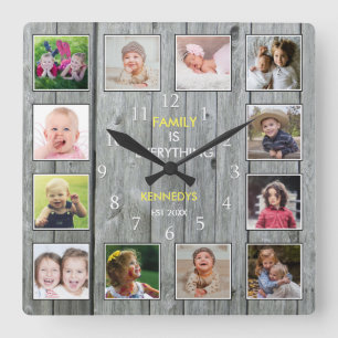Reloj Cuadrado Personalizado 12 Collage de fotos Rústico Madera 