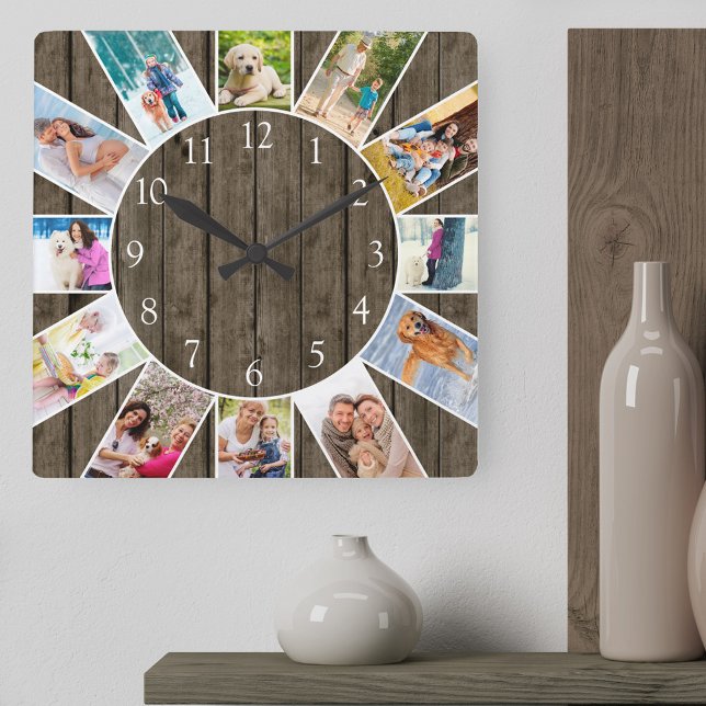 Reloj Cuadrado Personalizado 12 Collage de fotos Rústico Madera O (Photo clock with 12 photos, one at each hour. Great design for your home or a thoughtful photo gift.)