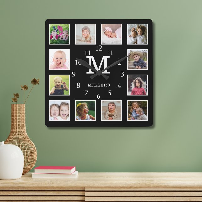 Reloj Cuadrado Personalizado 12 Nombre de familia Collage de foto (Custom 12 Photo Collage Family Name Monogram Black Square Wall Clock)