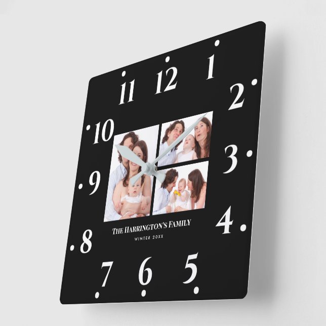 Reloj Cuadrado Personalizado 3 secciones Collage de fotos de fami (Ángulo)