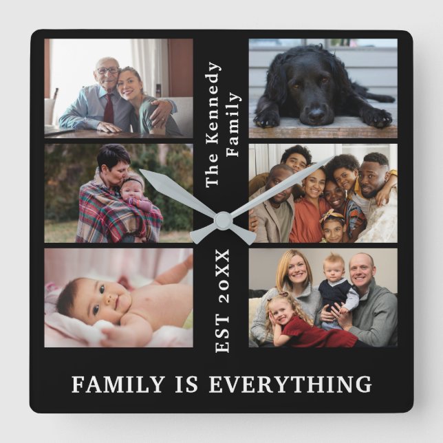 Reloj Cuadrado Personalizado 6 Collaje fotográfico familiar con a (Anverso)