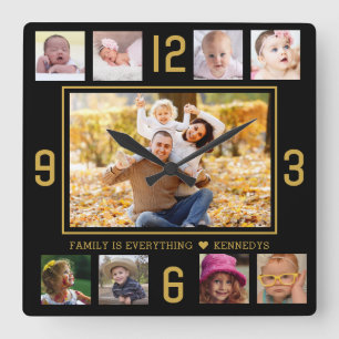 Reloj Cuadrado Personalizado 9 Collage de fotos Familia Cita Negr