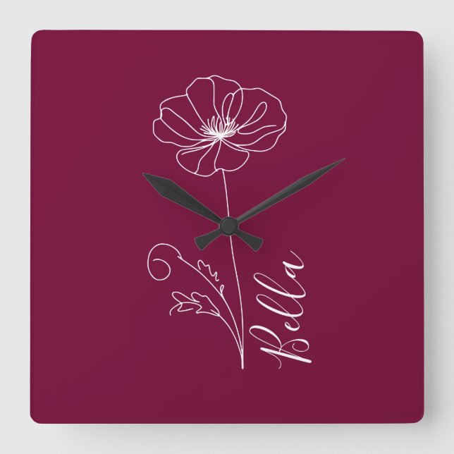 Reloj Cuadrado Personalizado Agosto Poppy Nacimiento Regalo de Fl (Anverso)