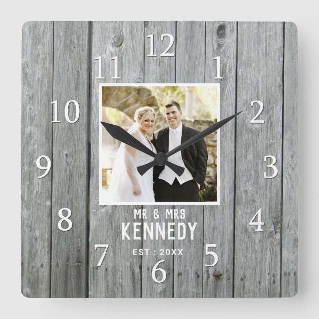 Reloj Cuadrado Personalizado Aniversario del Boda de Madera Gris  (Anverso)