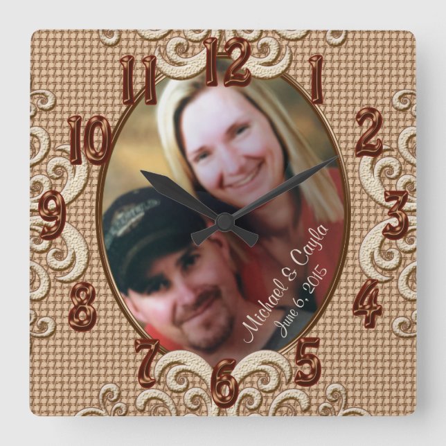 Reloj Cuadrado Personalizado casando la FOTO del reloj, nombres, (Anverso)