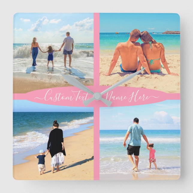 Reloj Cuadrado Personalizado Collage de fotos Mensajes de texto F (Anverso)