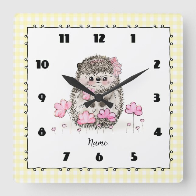 Reloj Cuadrado Personalizado Cute Pequeño Hedgehog Amarillo (Anverso)