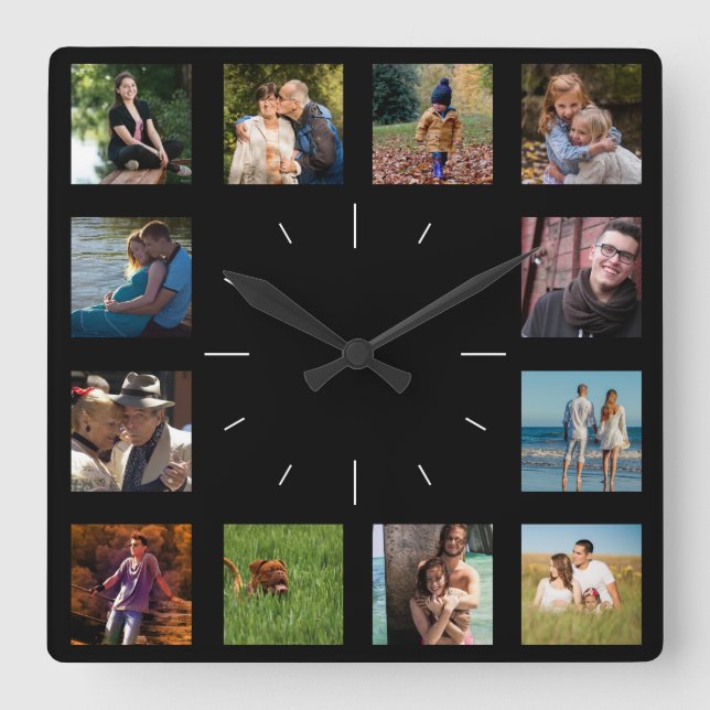 Reloj Cuadrado personalizado de Collage de 12 fotos familiares ✨ (Anverso)