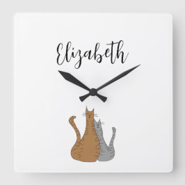 Reloj Cuadrado Personalizado de gato dibujando cuadros de gatitos