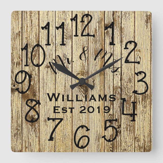 Reloj Cuadrado Personalizado de Madera Marrón Rústico (Anverso)