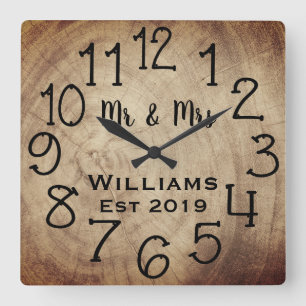 Reloj Cuadrado Personalizado de Madera Marrón Rústico