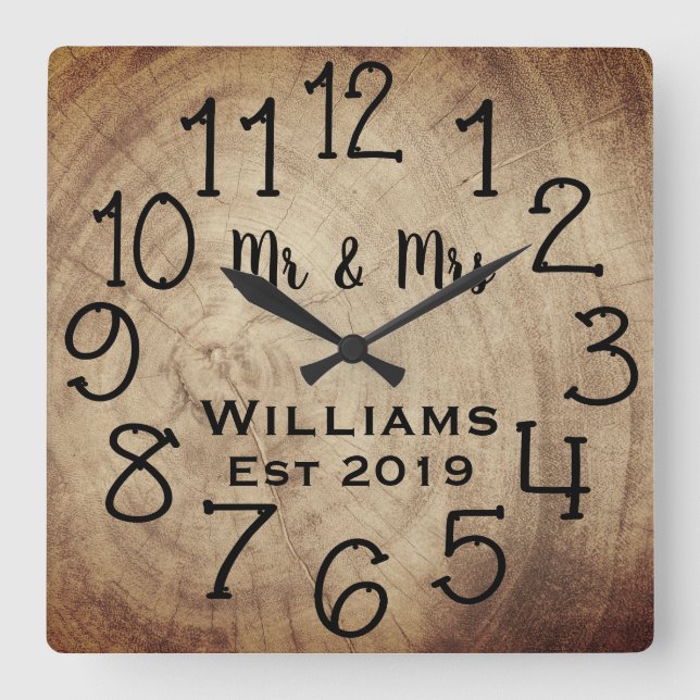 Reloj Cuadrado Personalizado de Madera Marrón Rústico (Anverso)