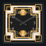 Reloj Cuadrado Personalizado de patrón geométrico Art Deco<br><div class="desc">Estilo geométrico vintage de los años 20 reloj art deco en tonos dorados y negros con color de fondo personalizado. Su diseño geométrico le aporta un toque de modernidad. Decoran una habitación Art Déco de 2009 o moderna de mediados de siglo.</div>