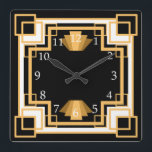 Reloj Cuadrado Personalizado de patrón geométrico Art Deco<br><div class="desc">Estilo geométrico vintage de los años 20 reloj art deco en tonos dorados y negros con color de fondo personalizado. Su diseño geométrico le aporta un toque de modernidad. Decoran una habitación Art Déco de 2009 o moderna de mediados de siglo.</div>