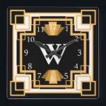 Reloj Cuadrado Personalizado de patrones geométricos Art Deco Vin<br><div class="desc">Estilo geométrico vintage de los años 20 estilo Art Deco reloj en tonos dorado y negro con color de fondo personalizado y letra monograma.</div>