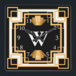 Reloj Cuadrado Personalizado de patrones geométricos Art Deco Vin<br><div class="desc">Estilo geométrico vintage de los años 20 estilo Art Deco reloj en tonos dorado y negro con color de fondo personalizado y letra monograma.</div>