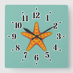 Reloj Cuadrado Personalizado de Starfish Naranja Cute