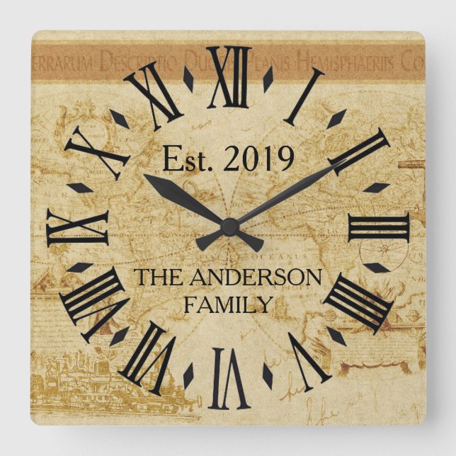Reloj Cuadrado Personalizado del mapa del viejo mundo de la antig (Anverso)