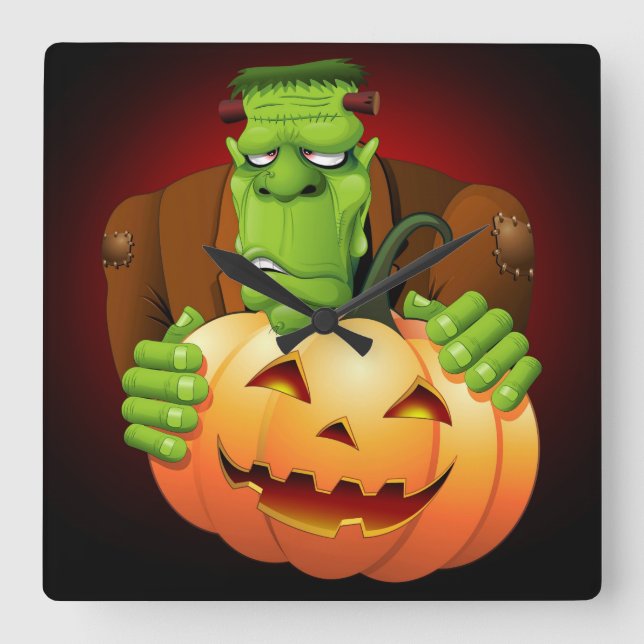 Reloj Cuadrado Personalizado Frankenstein con Calabaza (Anverso)