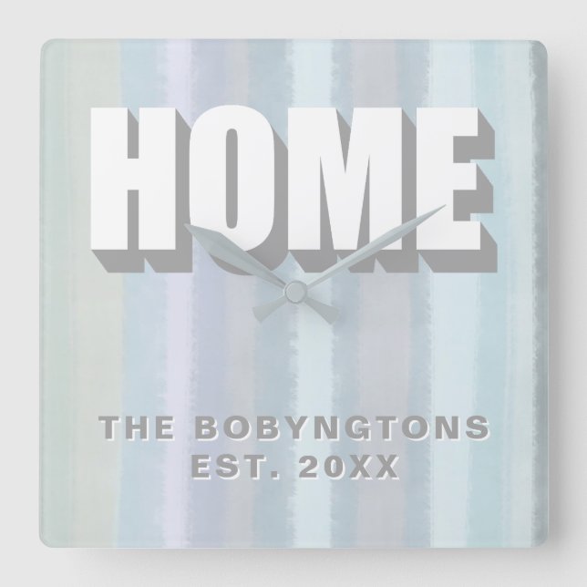 Reloj Cuadrado Personalizado Hogar Nombre de familia rayas pastel (Anverso)