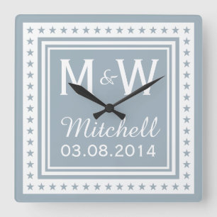 Reloj Cuadrado Personalizado monograma, boda de texto y color