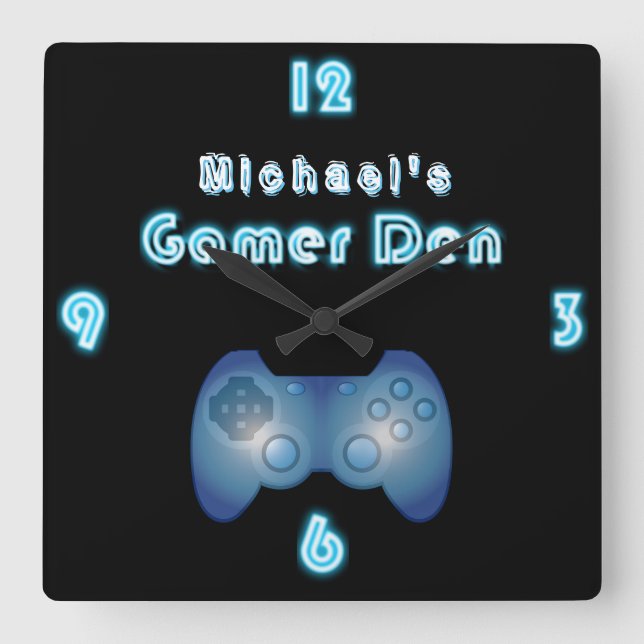 Reloj Cuadrado Personalizado Neon Clock Gamers Den ManCave Boys R (Anverso)