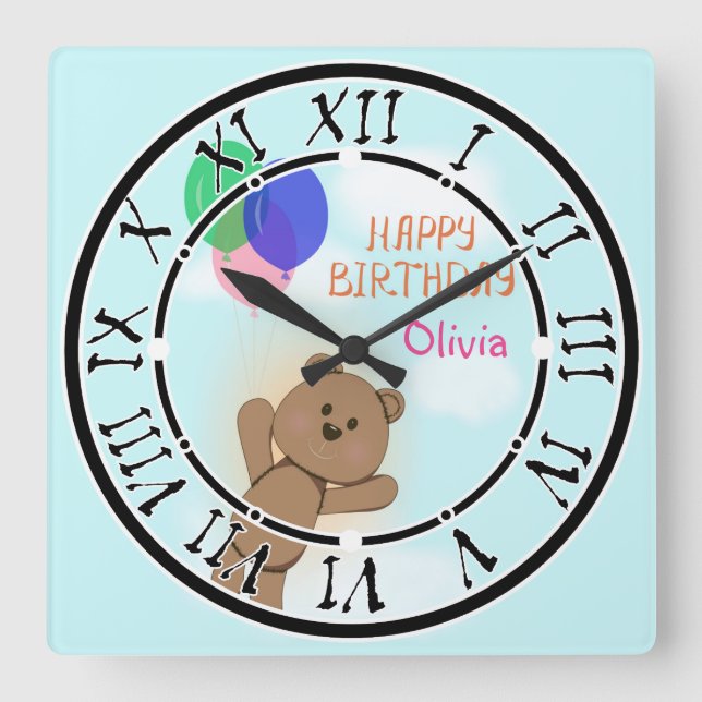 Reloj Cuadrado Personalizado, personal, cumpleaños, oso Teddy (Anverso)