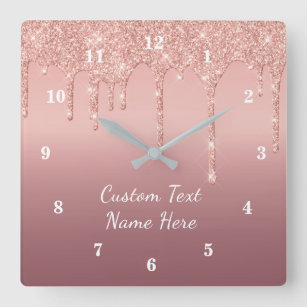 Reloj Cuadrado Personalizado Rosa de texto Oro Purpurina Rubor Pe