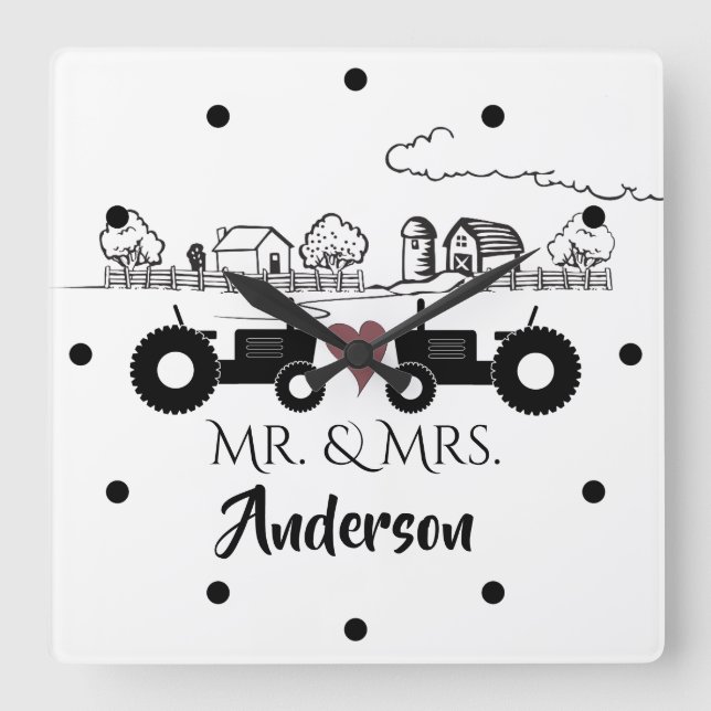 Reloj Cuadrado Personalizado Sr. y Sra. Tractor Couple Farm LOVE (Anverso)
