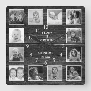 Reloj Cuadrado Personalized 12 Photo Collage Rustic Farmhouse
