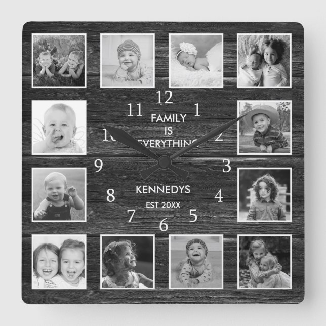 Reloj Cuadrado Personalized 12 Photo Collage Rustic Farmhouse (Anverso)