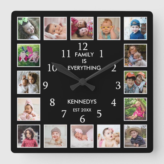 Reloj Cuadrado Personalized 16 Photo Collage Family Quote Black (Anverso)