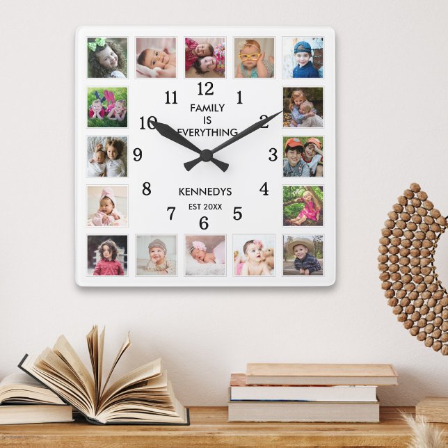 Reloj Cuadrado Personalized 16 Photo Collage Family Quote White (Subido por el creador)