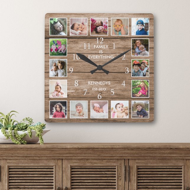Reloj Cuadrado Personalized 16 Photo Collage Quote Rustic Wood (Subido por el creador)