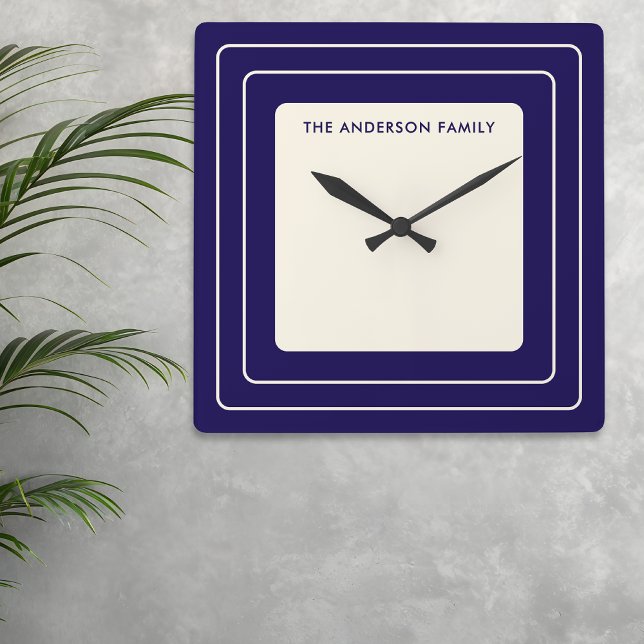 Reloj Cuadrado Personalized Art Deco Family Name (A 1930s style clock, square with navy blue and cream colors, personalized with a name)