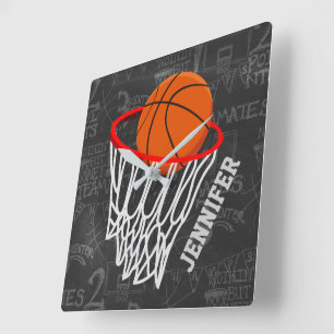 Reloj Cuadrado Personalized Chalkboard Basketball and Hoop