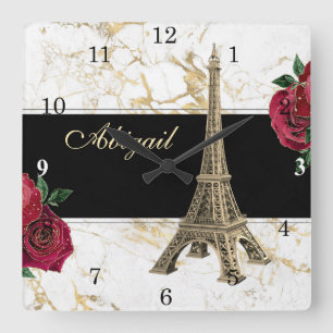 Reloj Cuadrado Personalized Eiffel Tower Gold, White Marble Rose