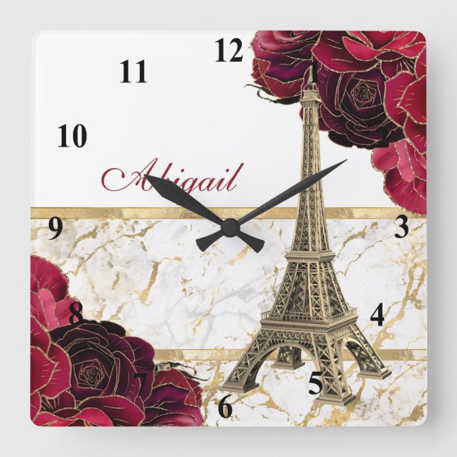 Reloj Cuadrado Personalized Eiffel Tower Gold, White Marble Rose (Anverso)