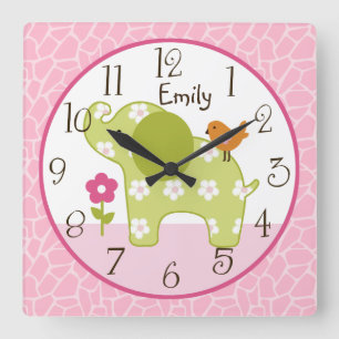 Reloj Cuadrado Personalized Jungle Girl Elephant Nursery Clock