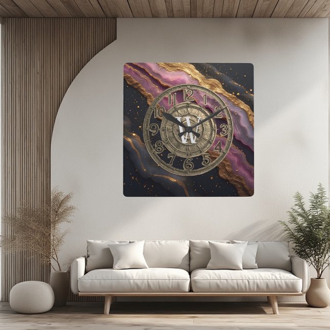 Reloj Cuadrado Personalized Monogram Agate Pink Rustic Metal Luxe (Personalized Monogram Agate Pink Rustic Metal Luxe Square Wall Clock)