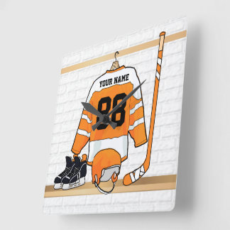 Reloj Cuadrado Personalized Orange and White Ice Hockey Jersey