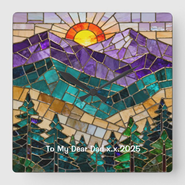 Reloj Cuadrado Personalized Stained Glass Mountain Wall Clock (Anverso)