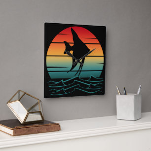 Reloj Cuadrado Pesca al Atardecer con Peces Vintage