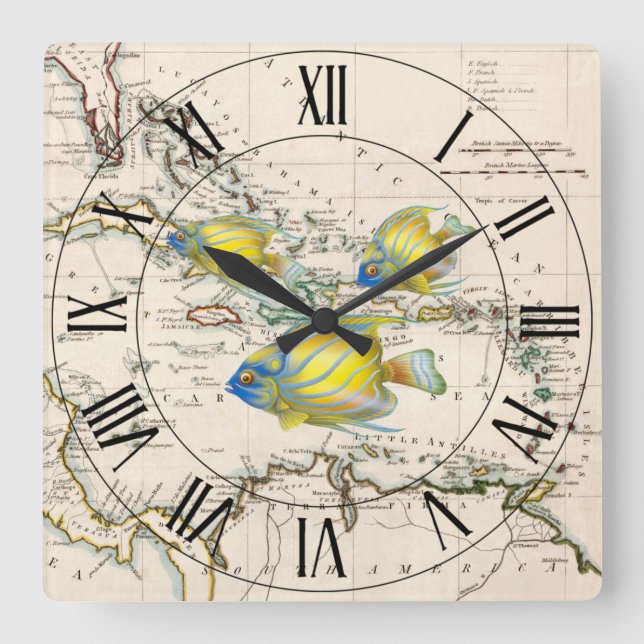 Reloj Cuadrado Pescado amarillo y azul ~ Indias occidentales ~ Ma (Anverso)