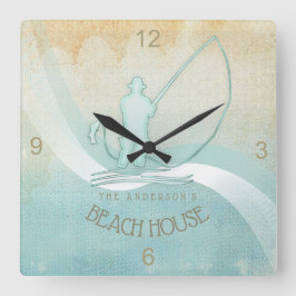 Reloj Cuadrado Pescador náutico de Beach House Aqua Blue ID623