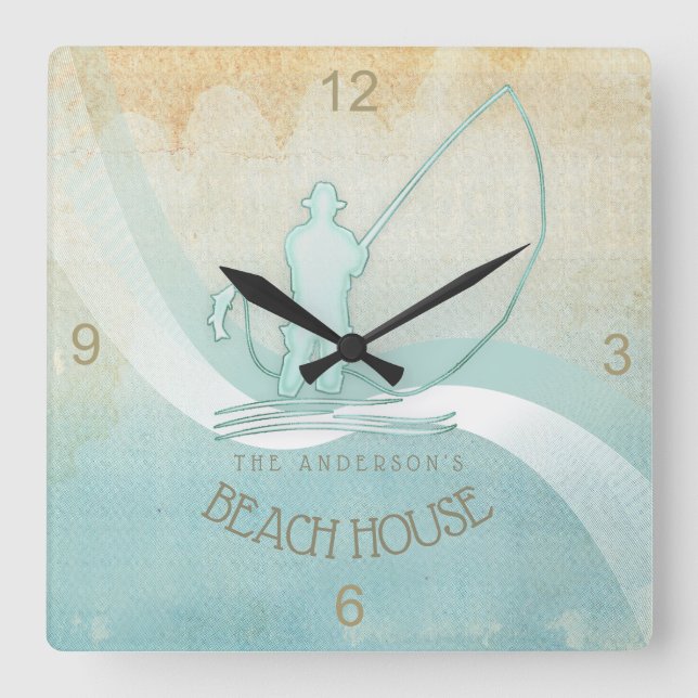 Reloj Cuadrado Pescador náutico de Beach House Aqua Blue ID623 (Anverso)