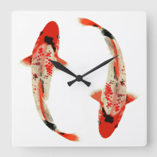 Reloj Cuadrado Pescados rojos, blancos, y negros de Koi