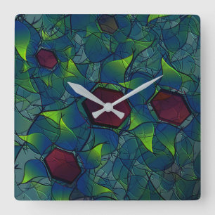 Reloj Cuadrado Pétalos virtuales con puntas azules, hojas y hexág