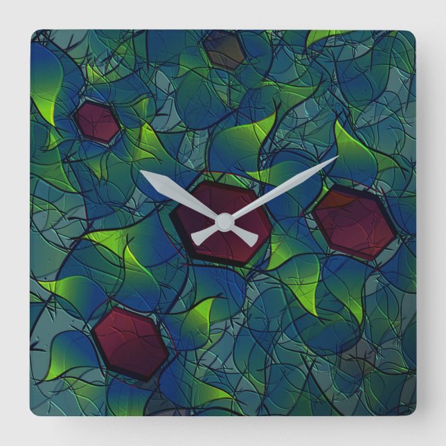 Reloj Cuadrado Pétalos virtuales con puntas azules, hojas y hexág (Anverso)