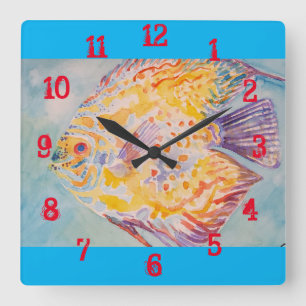 Reloj Cuadrado Pez Colorido Acuarela Habitación de Niños Nursery 